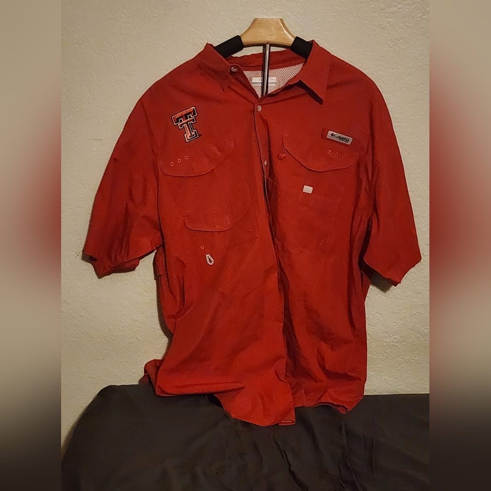 Columbia PFG  Fishing Shirt Mens Red XL Short Sleeve Vented  Texas Tech Raiders